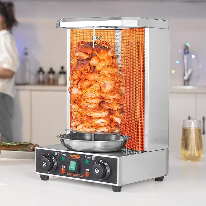 VEVOR Shawarma Grill Machine, 122°F-572°F, 13lbs Capacity, Chicken Shawarma Cooker Machine with 2 Burners, Stainless Steel, Electric Vertical Broiler Gyro Rotisserie Oven for Home and Commercial Use