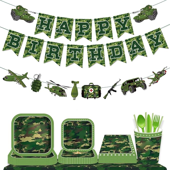 Zwiebeco Camouflage Happy Birthday Party Decoration Green Camo Banner Hanging Paper Bunting Garland Sign for Boys Kids Mens Adults Aoldier Military Themed Accessories Supplies