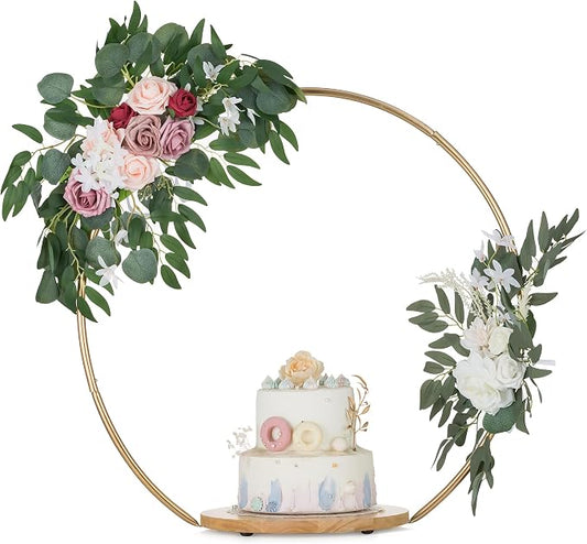 NUPTIO Wedding Cake Stand Gold: 11.7 Inch Cupcake Flower Display Pedestal Wood Table Arch Stands with Base Metal Round Floral Hoop Centerpiece Decor for Birthday Party Christmas Festival Baby Shower