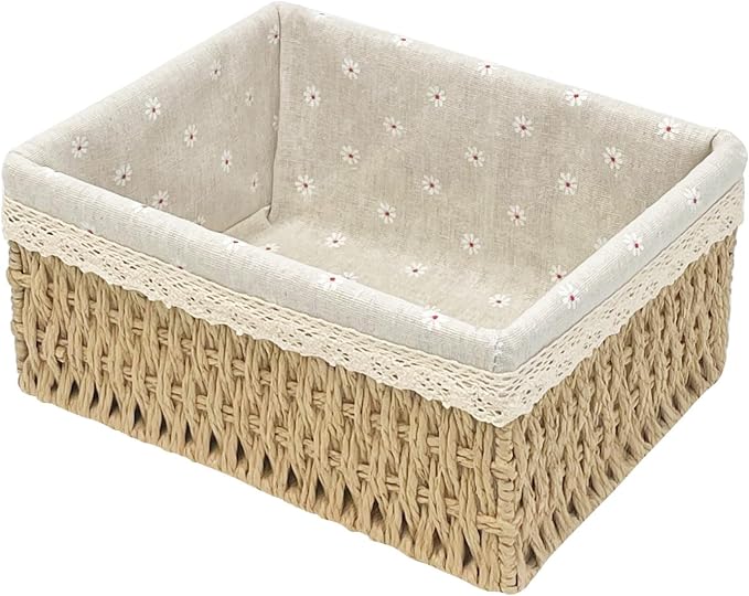 Large Wicker Storage Basket with Liner, Hand-Woven Paper Rope Rattan Organizer Bin for Pantry, Countertop, Bathroom, Bedroom, Shelves (Beige, L)