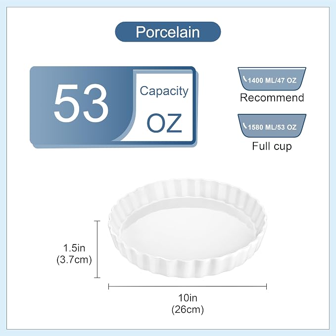 LOVECASA Porcelain Pie Pan Quiche Baking Dish,10 Inch Non-Stick Round Pie Dish Quiche Pan,Tart Pan with Ruffled Edge,Pie Plate for Apple, Quiche, Pot Pies, Tart,Set of 2, White