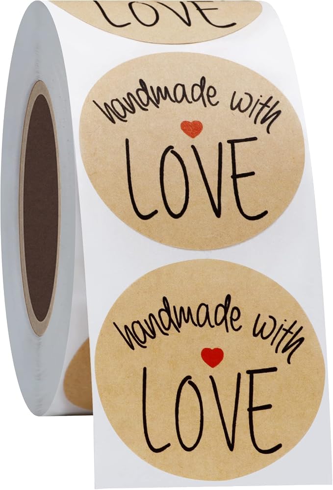 Hybsk 500pcs 1.5 Inch Kraft Handmade with Love Stickers with Red Heart for Small Business Baked Packaging (Type 1)