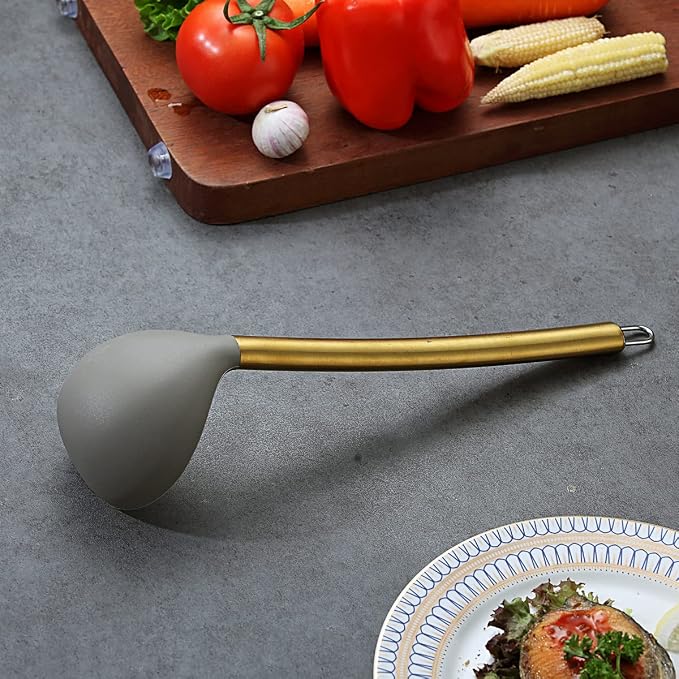 Gold Ladle, Berglander Non-stick Silicone Kitchen Ladle With Titainium Gold Plating handle, Soup Ladle, Cooking Ladle Soup Spoon For Cooking, Dishwasher Safe, Easy to Clean