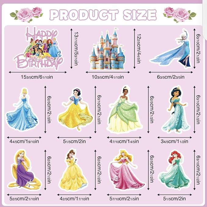 11 Pcs Princess Cake Topper, Fantastic Happy Birthday Cake Decorations, Cute Cake Toppers for Girls