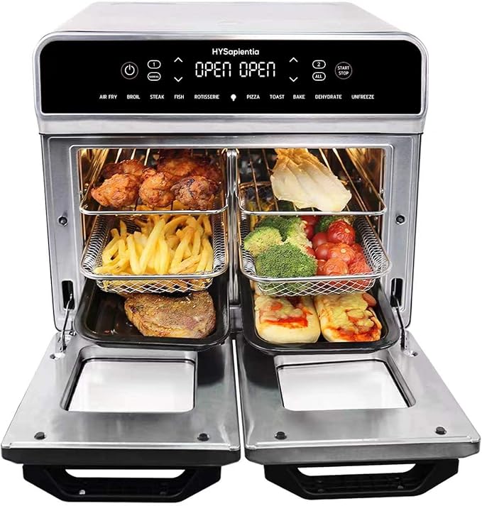 HYSapientia Dual Zone Air Fryer Toaster Oven Combo,10-in-1 Inner and outer Stainless Steel Air Fryer with Rotisserie,24QT Extra Large Countertop Convection Oven,13 Accessories,Even Heating