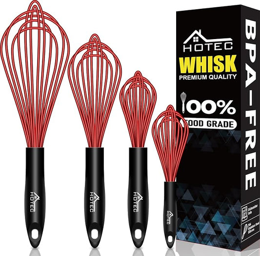 HOTEC 4 Pieces Silicone Whisks Set, Wire Balloon Whisks for cooking Egg Beater, Non-slip Handle Whisk for Non-stick Cookware Perfect for Cooking, Stirring, Beating and Blending,Red