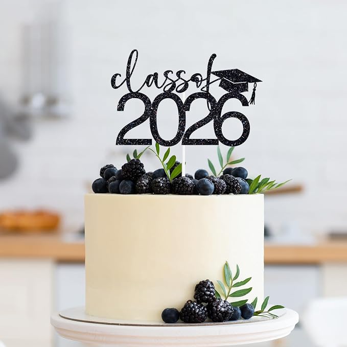 Class of 2026 Cake Topper, Congrats 2026 Cake Décor, Congrats Grad, Happy Graduation, High School/Senior/University Graduation Party Decorations Black Glitter