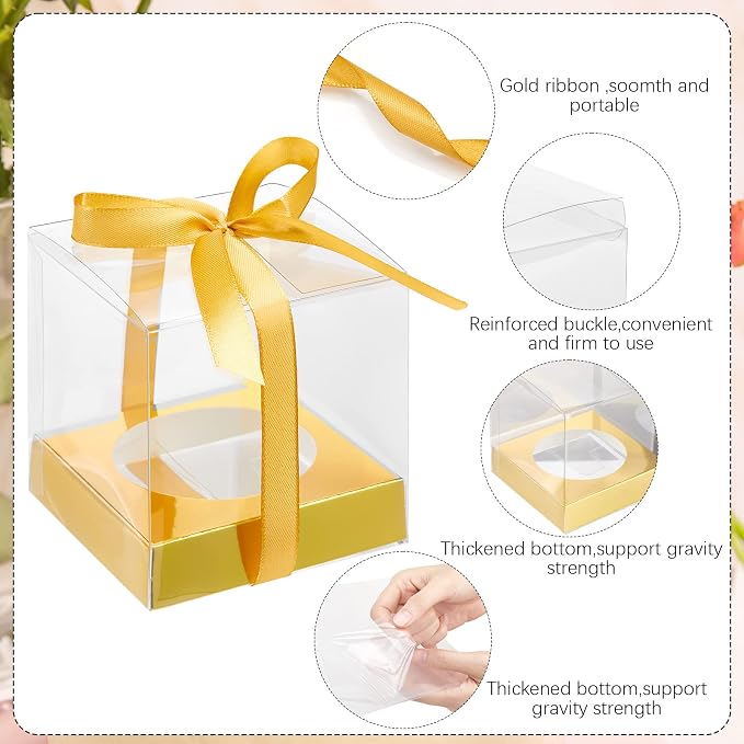 96 Pieces Individual Cupcake Boxes Single Cupcake Container Clear Cupcake Carrier Plastic Cupcake Storage Cupcake Holder with Ribbon and Insert for Wedding Birthday Party Favor, 3.5 x 3.5 x 3.5(Gold)