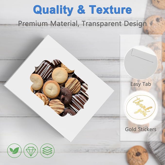 50 Pcs Bakery Boxes 8-In with Windows, Cookie Boxes White for Chocolate Covered Strawberries, Treats, Donuts, Cupcakes, and Candy Gift Giving 8x6x2.5 Inch