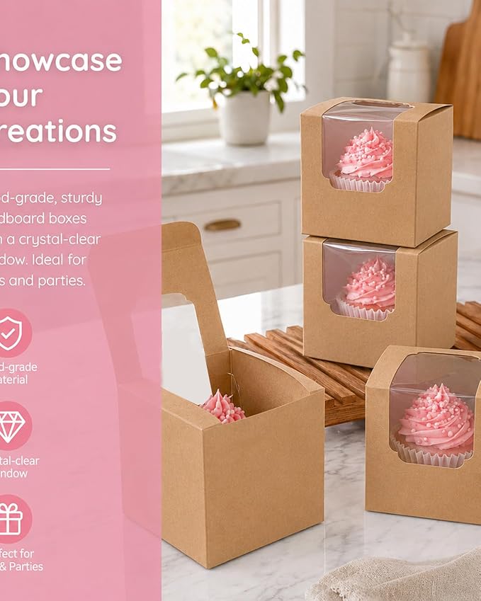 Bakepacker Auto-pop up Cupcake Boxes 200-Packs Brown 3.5" x 3.5" x 3.5", for Cake, Treat Cookie Dessert, Pastry, Birthday Party, Weddings