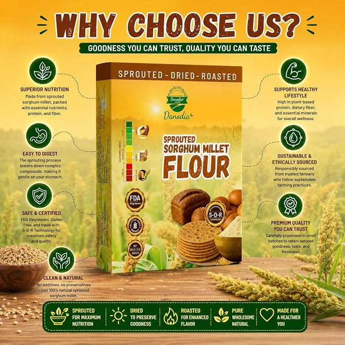 Danodia Foods Sprouted Jowar Flour 950g / 2 lb, Sorghum Flour/Jowar Atta, Roasted & Ground Millet Flour for Roti, Bhakri, Flatbread, Porridge & Baking, Indian & US Pantry