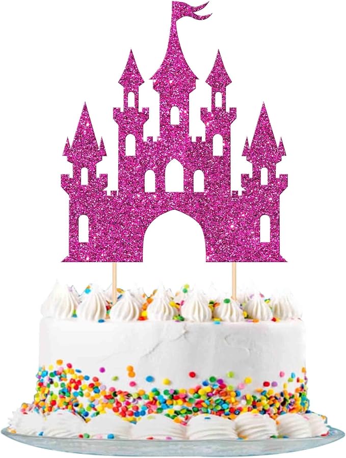 1 PCS Castle Cake Topper Glitter Princess Cake Topper Castle Theme Birthday Party Decoration Princess Happy Birthday Cake Decoration for Baby Shower Girls Princess Birthday Party Supplies Rose Red
