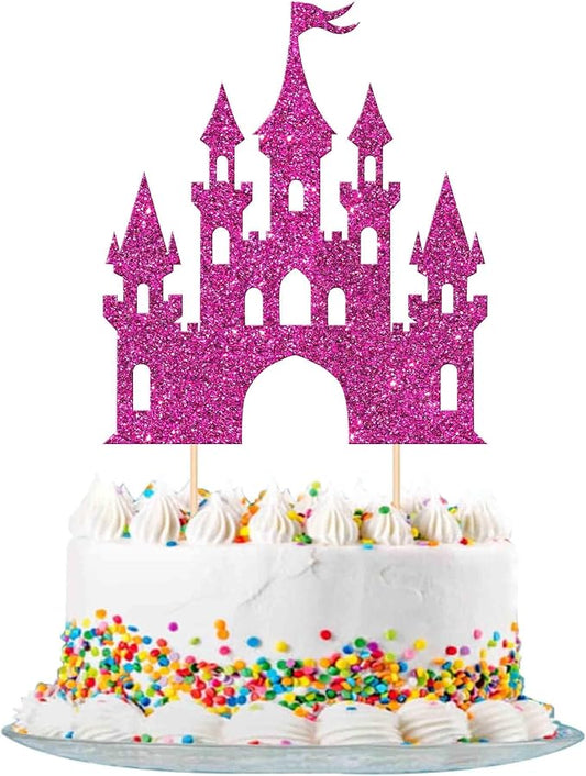 1 PCS Castle Cake Topper Glitter Princess Cake Topper Castle Theme Birthday Party Decoration Princess Happy Birthday Cake Decoration for Baby Shower Girls Princess Birthday Party Supplies Rose Red