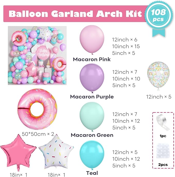 Donut Party Decorations, 108 Pcs Pink Purple Green Teal Balloons Arch Kit Pastel Latex Balloon Foil Donut Sprinkles Confetti Candy for Girls Princess Sweet One Birthday Donut Grow up Party Decorations