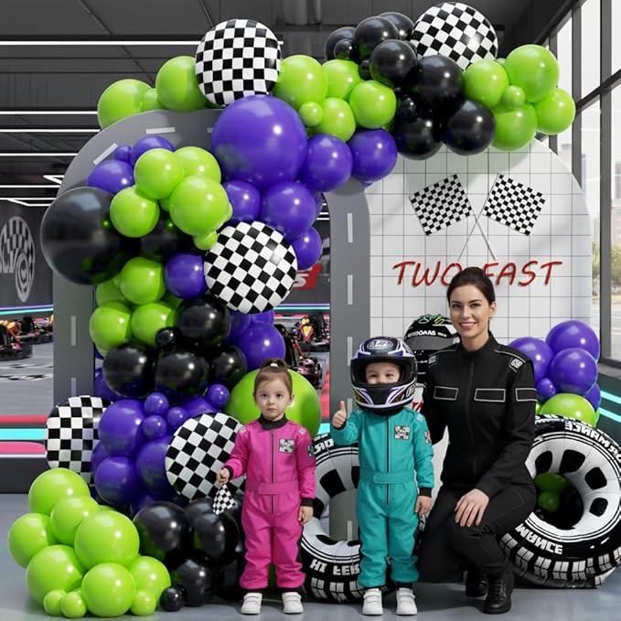 Monster Truck Balloon Arch Garland Kit 156pcs, Green Purple Black Silver Big Wheels Race Car Balloons Arch Kit for Two Fast Theme Boy Birthday Anniversary Monster Truck Jam Party Decorations