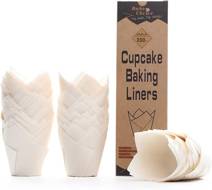 Bake Choice 200pcs White Tulip Cupcake Liners for Baking Cups European Parchment Paper Tulip Muffin Liners,Nordic Paper Cupcake Wrapper for Party, Christmas