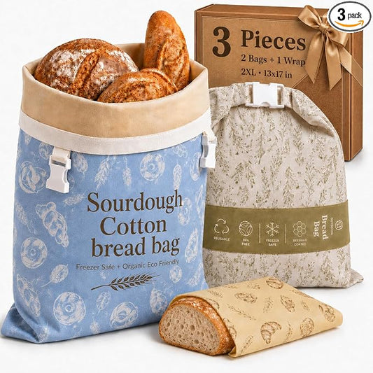 Cotton Beeswax Bread Bags for Sourdough - 3 Pack Reusable 2XL Set with Beeswax Wrap & Buckle Closure, Freezer Safe, Eco-Friendly Organic Storage for Homemade Artisan Loaves