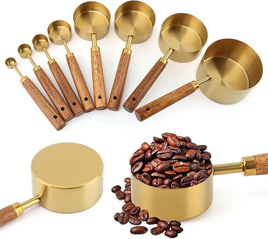 Gold Measuring Cups and Spoons Set of 8, Stackable Stainless Steel Measuring Spoons and Measuring Cup Set with Wood Handles, Dry & Liquid Measuring Cups for Cooking & Baking