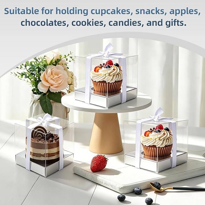 50 Pcs Sliver Clear Plastic Cupcake Boxes, Individual 3.5 Inch Single Holder Containers with Insert and Ribbon, Paper Base for Wedding, Birthday, Party Favor Gift