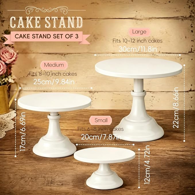 Three-piece Cake Stand Set, Metal Round Trays, 8-inch, 10-inch, and 12-inch, for Dessert Table displays; Perfect for Christmas, Thanksgiving, Birthdays, Weddings, and Other Celebrations(White)