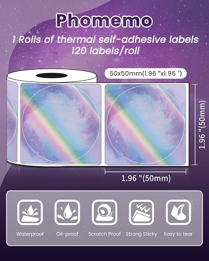 Phomemo M110 Circle Labels, 1.96"x1.96" (50x50 mm) Purple Star Sky Round Label for M100/M220/M250/M108/M221 Label Maker, for Barcode/Logo/Gift/Thank You/Bakery/Small Business/Home Use, 140 Labels