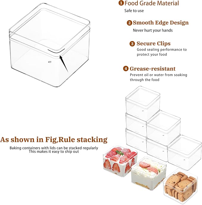 50 Pack 12OZ Square Clear Plastic Cups with Lids and Stickers Disposable Fruit Cups for Dessert,Tiramisu container with lid,Cupcake,Parfait,Pudding,Iced Cold Drinks,Snacks,Fruits,Bakeries