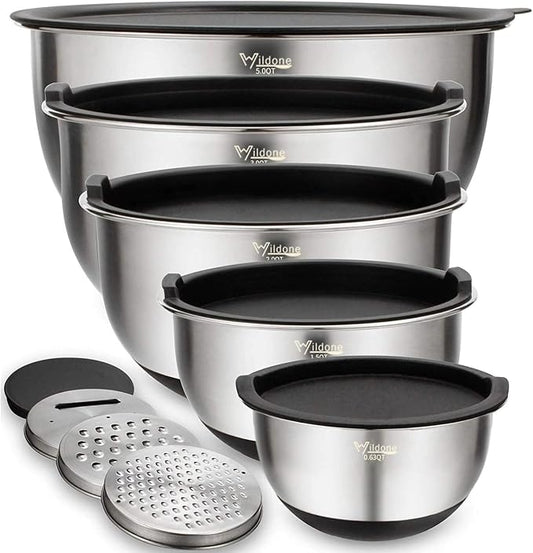 Wildone Mixing Bowls with Airtight Lids Set, 5PCS Stainless Steel Nesting Bowls for Kitchen, with Grater Attachments & Non-Slip Bottoms, Size 5, 3, 2, 1.5, 0.63 QT, Great for Mixing & Serving
