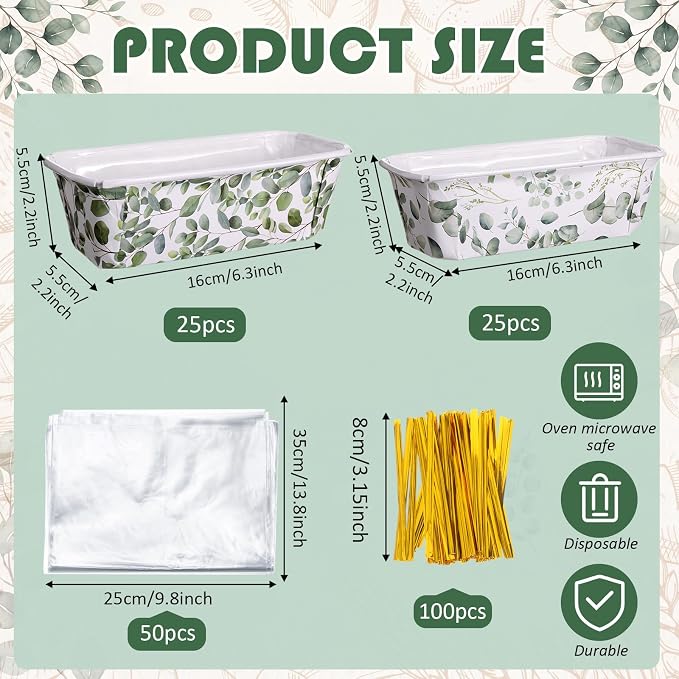 Hushee 50 Set Eucalyptus Paper Loaf Pans with Bags & Ties, 6.3x2.2x2.2 Disposable Mini Bread Baking Molds Rectangle Greaseproof Cake Liners for Gifts Wrapping Wedding Favors Sourdough Banana Bread