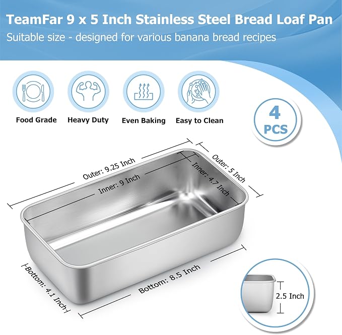TeamFar Loaf Pan, 9¼" × 5" Bread Loaf Pans Meatloaf Pan Stainless Steel for Baking Bread Cake Lasagna, Healthy & Durable, Oven & Dishwasher Safe - Set of 4