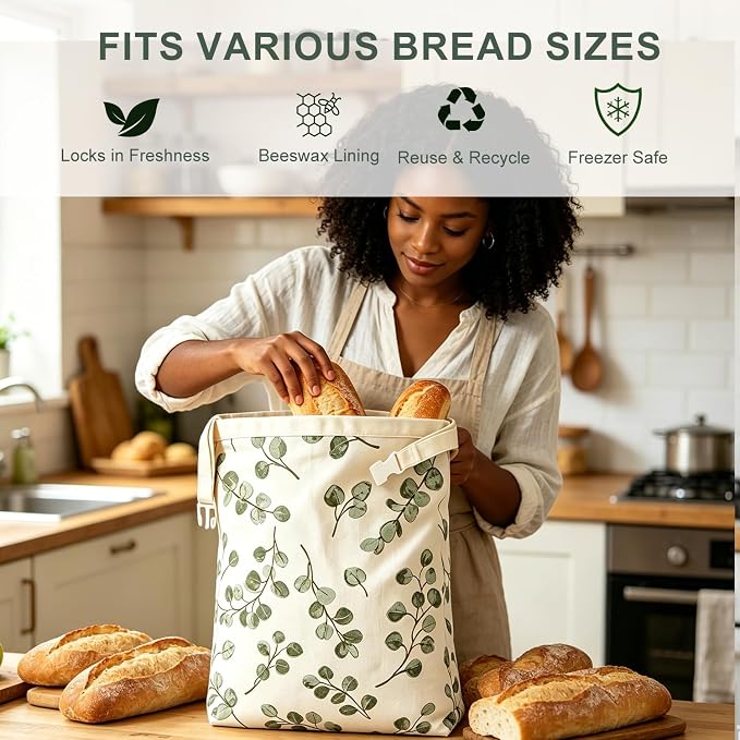 Beeswax Bread Bags 2 Pack Reusable Sourdough for Homemade, Large Washable Cotton Linen Food Storage with Removable Wax Liner, Plastic Free 17x13 Inch (Green Leaf)