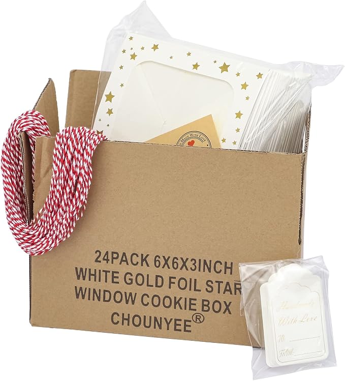 24 Pack 6X6X3 Christmas Cookie Boxes for Gift Giving Gold Foil Star White Bakery Boxes with Window 6 Inch Small Treat Boxes for Mini Cake Pastry Dessert Cupcakes Candy Donut Packaging