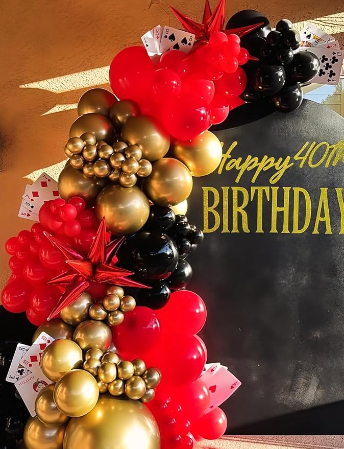 Red Black and Gold Balloons Arch Garland Kit – 131Pcs Latex Balloons with Foil Star Balloons for Birthday Hollywood Casino Movie Night New Year Party Decor