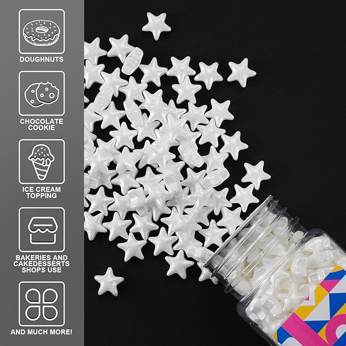 White Star Sprinkles, 10MM Edible Candy Stars for Cake Decorating, Cupcakes, Cookies & Desserts, 3.5 oz White Sprinkles for 4th of July & Memorial Day, Christmas, Wedding, Birthday, Holiday Baking Baby Shower