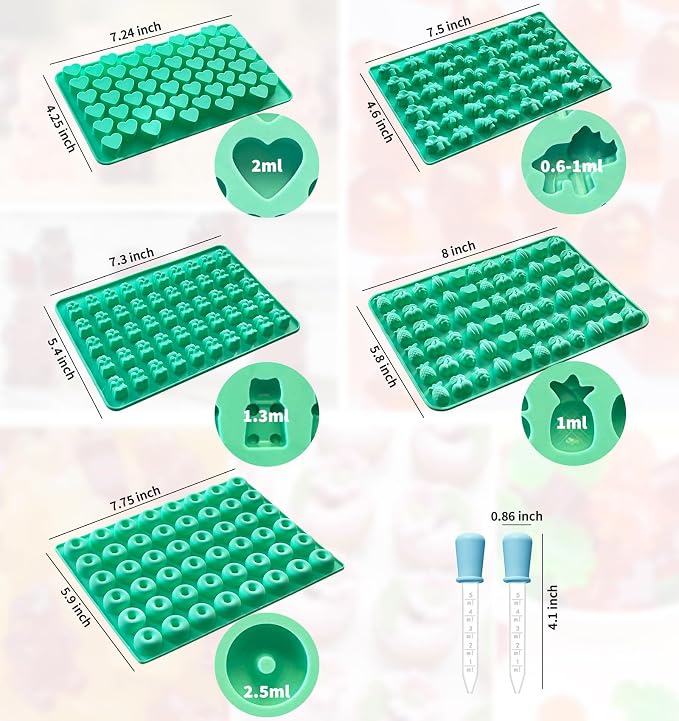 Silicone Gummy Molds Set of 5, Candy Molds Silicone with 2 Droppers for Convenient Filling, Gummy Molds Set Includes Dinosaur, Bear, Donut, Heart and Fruit