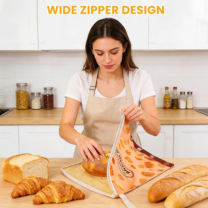 2 Pack Wide Zipper Access Beeswax Bread Bags for Sourdough Bread, Reusable Organic Linen Beeswax Bread Bag for Homemade Sourdough for Homemade Bag to Keep Fresh Longer, Kitchen Storage (Yellow)