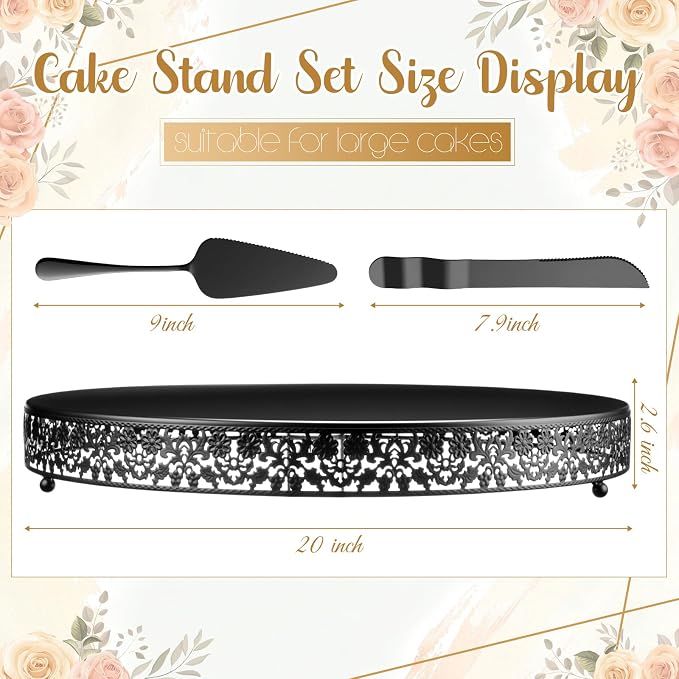 Wenqik 20 Inch Black Cake Stand Set Metal Round Cupcake Dessert Stand with Cake Cutting, Flower Spatula Wedding Cupcake Pastry Display Candy Holder Display for Wedding Party Birthday Baby Shower
