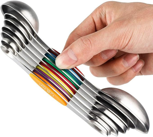 Magnetic Measuring Spoons Set of 7 Stainless Steel Stackable Dual Sided Teaspoon Tablespoon for Measuring Dry and Liquid Ingredients, Fits in Spice Jar