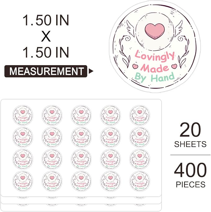 Lovingly Made by Hand Stickers, Cute Love Business Stickers, 400 PCS, Paper, Playful, Sticker Pack, Pink, Round, Outdoor, Love, Waterproof