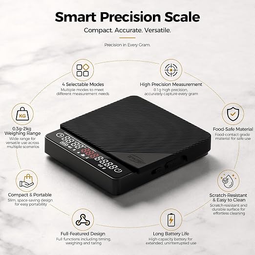 IKAPE Espresso Coffee Scale with Timer, 2kg/0.1g High Precision Digital Scale with Silicone Mat, 4 Modes in One, LED Display, Auto-Tare, for Kitchen, Cooking, Espresso, Pour Over Coffee