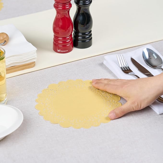 Pastry Tek 8 x 8 Inch Paper Lace Doilies, 100 Disposable Table Doilies - Elegant Lace Finish, Long Lasting, Yellow Paper Doily, for Pastries, Cupcakes, Desserts - Restaurantware