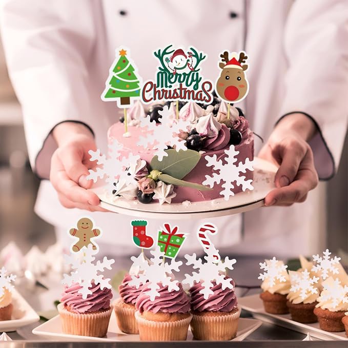 YOcity 50PCS Edible Snowflakes Cake Cupcake Toppers White Snowflake Cupcakes Decorting for Christmas Winter Frozen Theme Birthday Party Supplies (White)