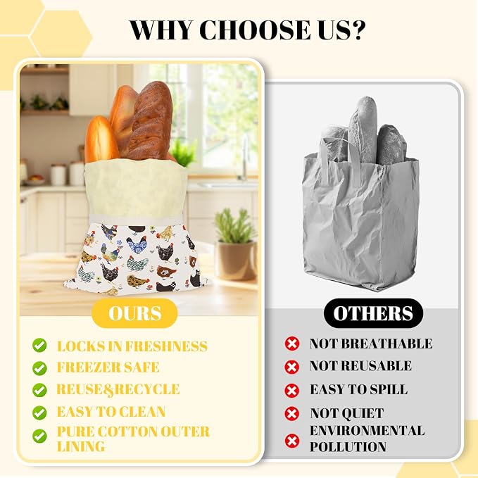 2 Pack Beeswax Bread Bags - 17x13 Inch Reusable Bread Storage Bags,Bees Wax Lined Bread Bags for Home Cooks fresh bread storage Easy Clean (Hen)