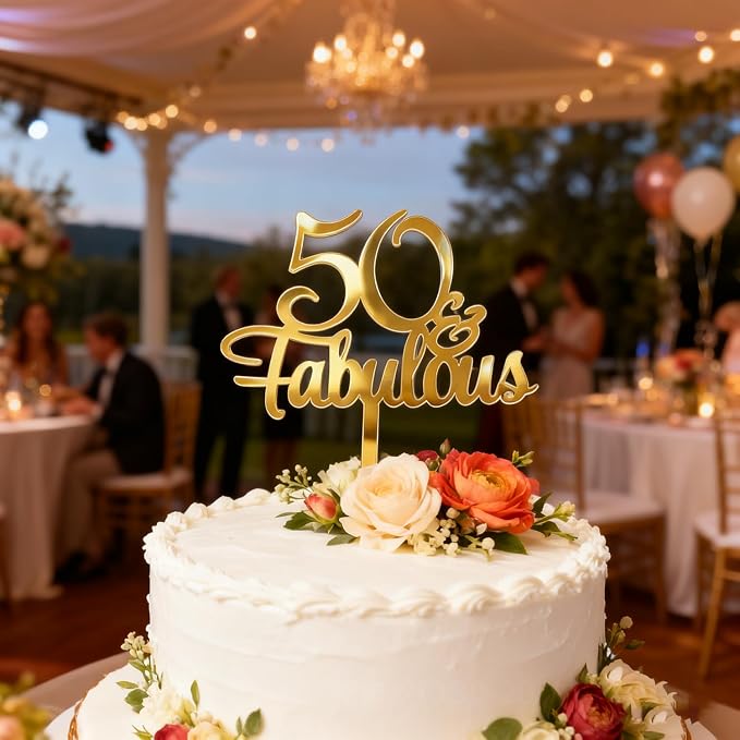 1PCS 50 Fabulous Cake Topper, Gold Acrylic Fifty Birthday Cake Decoration Cake Pick for 50th Anniversary Party Decoration Supplies (50)