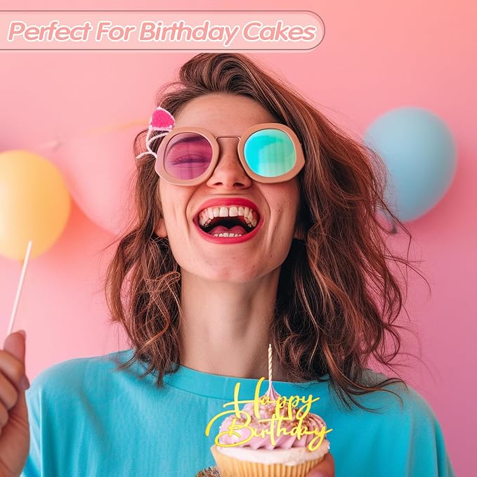 Weysat 30 Pcs Gold Mirror Acrylic Cupcake Toppers Happy Birthday Cake Decorations for Birthday Party Cupcake Toppers