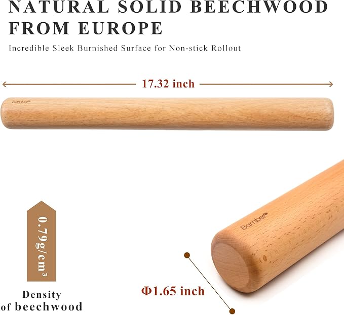 Bamber Wood Rolling Pin for Baking Large Wooden Rolling Dowel Stick Dough Roller for Cookie Dumpling Pastry Pizza Tortilla, 17.3'' by 1.6''