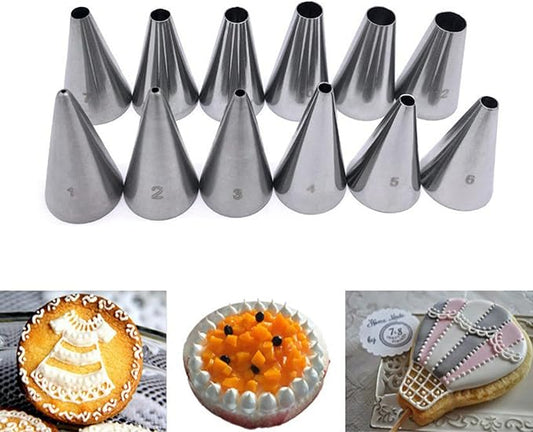 12 Pcs Round Hole Piping Tips Set，Stainless Steel Cupcake Frosting Nozzles，Cake Decorating Supplies Baking Set Tools，Russian Pastry Icing Dispensers for Baking Cookies Puff Doughnut Cream Bag Filler