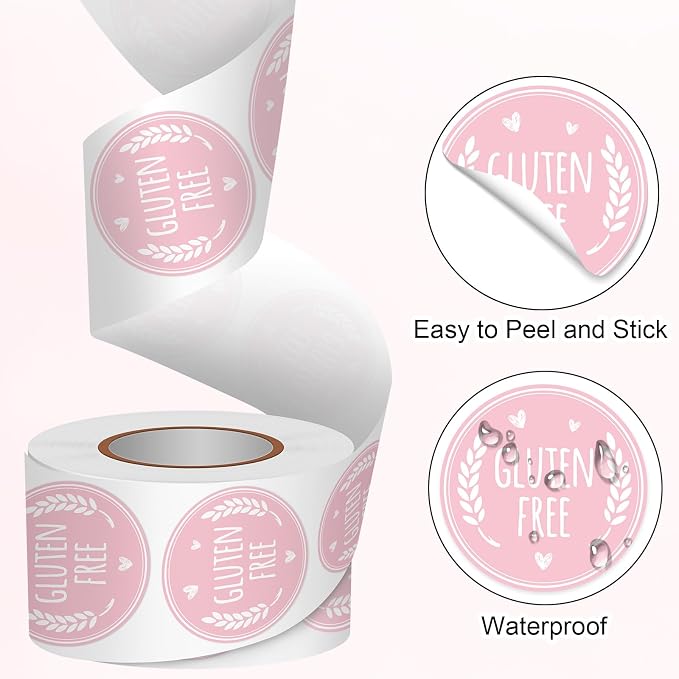 Louise Maelys Gluten Free Stickers 1.5 Inch Food Allergy Labels for Baking, Kitchen & Food Packaging with Wheat & Heart Design, Waterproof, Residue-Free 500PCS