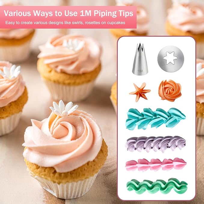 Large 1M Open Star Stainless Steel Piping Tips, 3 Pieces | 20 Disposable Piping Bags, For Cake Decorating, Cupcakes Icing and Frosting