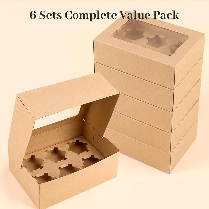 HANSGO 6 PCS Cupcake Boxes, 9.5x6.3x3.5 Inch Cupcake Containers Brown Pastry Boxes with Inserts 6 Holders for Muffins Pastry Strawberry, Party Supplies