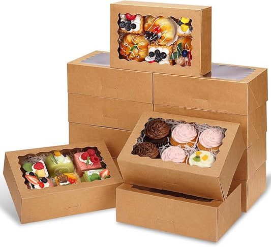 Moretoes 45pcs Cookie Boxes with Window, 9x6x3 Inch Brown Auto-Popup Bakery Boxes, Pastry Containers for Chocolate Covered Strawberries, Candy, Muffins, Donuts